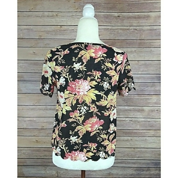 Topshop top black multicolor floral scalloped hem and sleeves women's size 2 - Picture 6 of 8